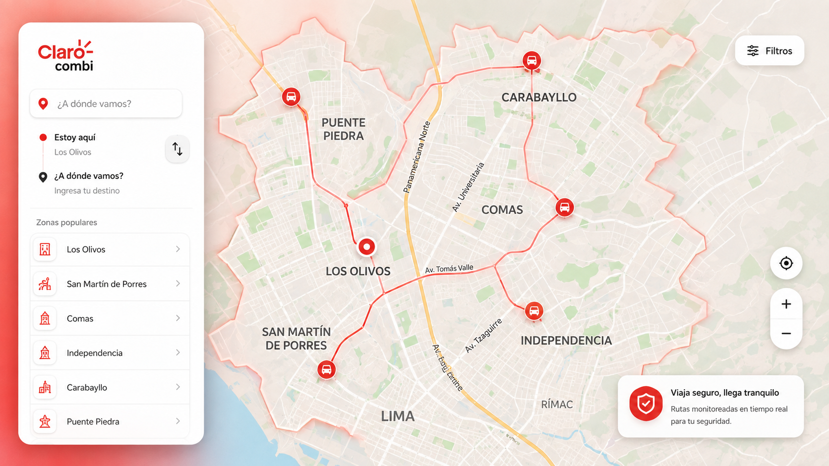 Mapa de Lima Norte con la ruta de la combi monitoreada en tiempo real